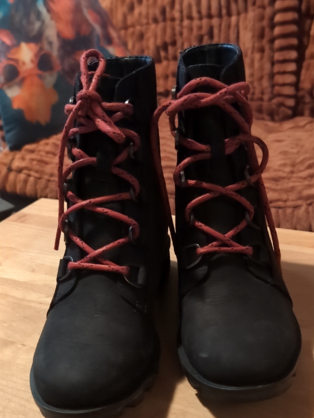 Sorel Black Lace-Up Ankle Boots with Red Laces